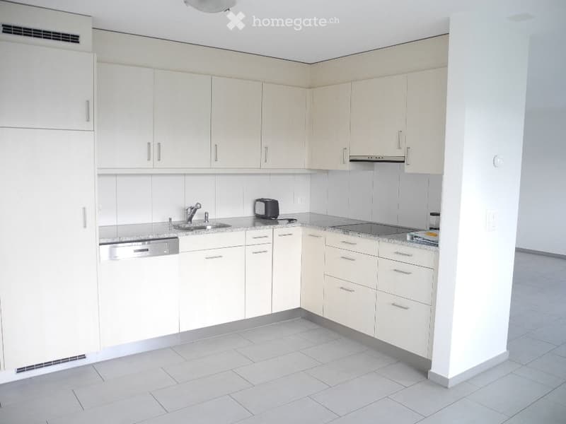 Modern kitchen with white cabinets, granite countertops, stainless steel sink, dishwasher, and stove.