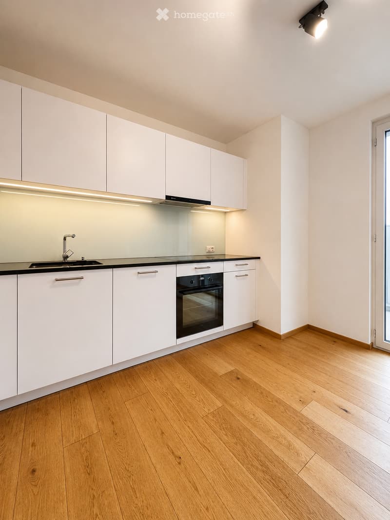 Modern kitchen with white cabinets, wooden flooring, and built-in appliances including a sink and oven.