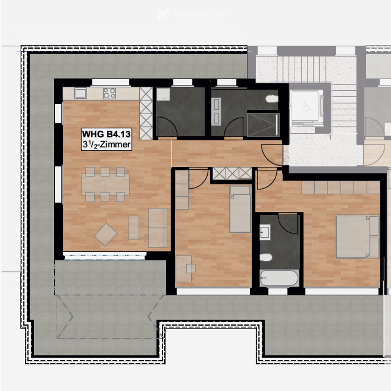 Floor plan of a 3.5-room apartment, including a living/dining area, kitchen, bedroom, and bathroom.