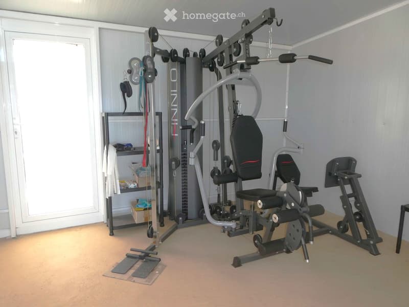 Well-equipped home gym with a multifunctional machine, bench, weight rack, and a shelf holding towels and other items.
