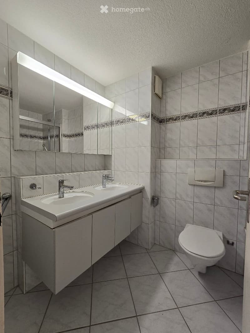 Modern bathroom with double sink, large mirror, and toilet. Grey tiles and white fixtures.