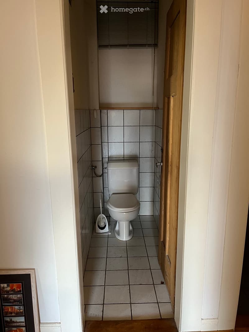 Small bathroom with white tiled walls and floor, toilet, toilet brush, and a window with blinds above.
