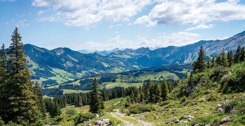 A panoramic view of a lush, green valley surrounded by towering mountains under a bright blue sky with scattered clouds. The landscape features dense forests, rolling hills, and a winding path through the terrain.