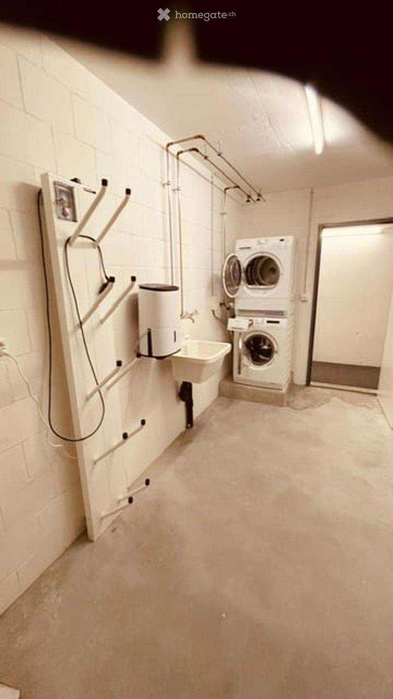 Laundry area with a washing machine, dryer, sink, and a laundry rack mounted on the wall. The space has white brick walls and a concrete floor.