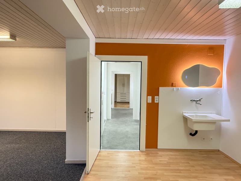 Modern hallway with wooden flooring, white walls, and a sink area visible in the background.