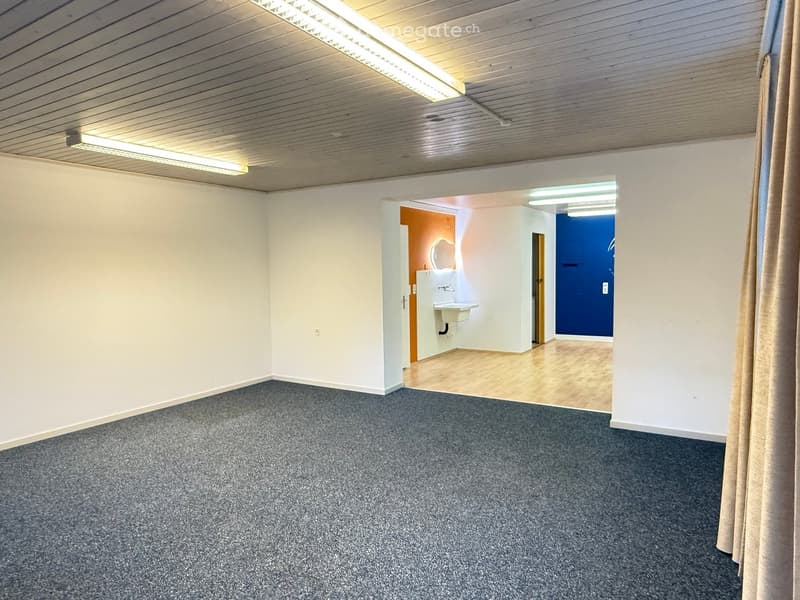 Empty room with grey carpeted floor, white walls, and a small adjacent bathroom with a sink and blue wall.