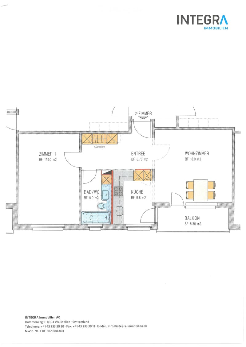 Floor plan of a 2-room apartment with living room, bedroom, kitchen, bathroom, entrance, and balcony.