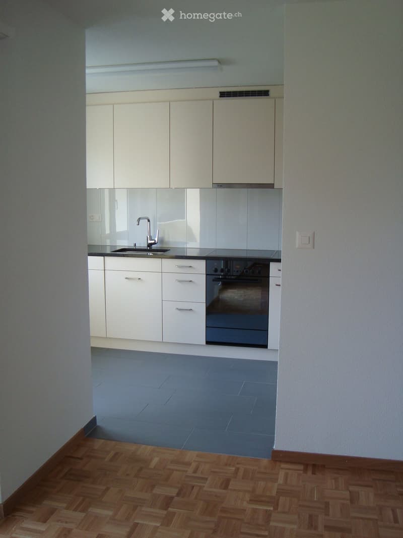 Modern kitchen with white cabinets, stainless steel sink and faucet, built-in oven, and a combination of wooden and tiled flooring.