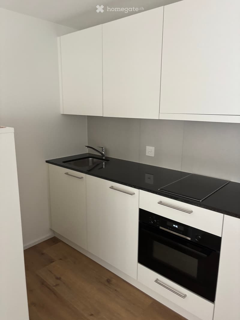 Modern kitchen with white cabinets, black countertops, a sink, a stove, and an oven. The floor is wooden.