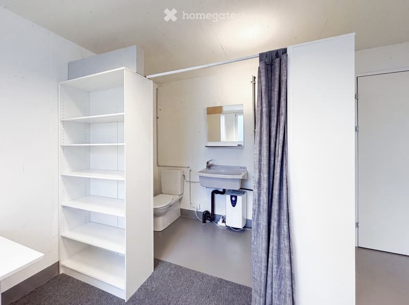 Modern, compact bathroom with white walls, a toilet, a sink, a mirror, a shelf unit, and a grey shower curtain.