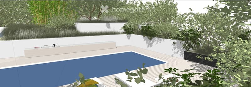 Modern outdoor area with a swimming pool, surrounded by white walls and greenery, featuring a wooden deck and lounge chairs.