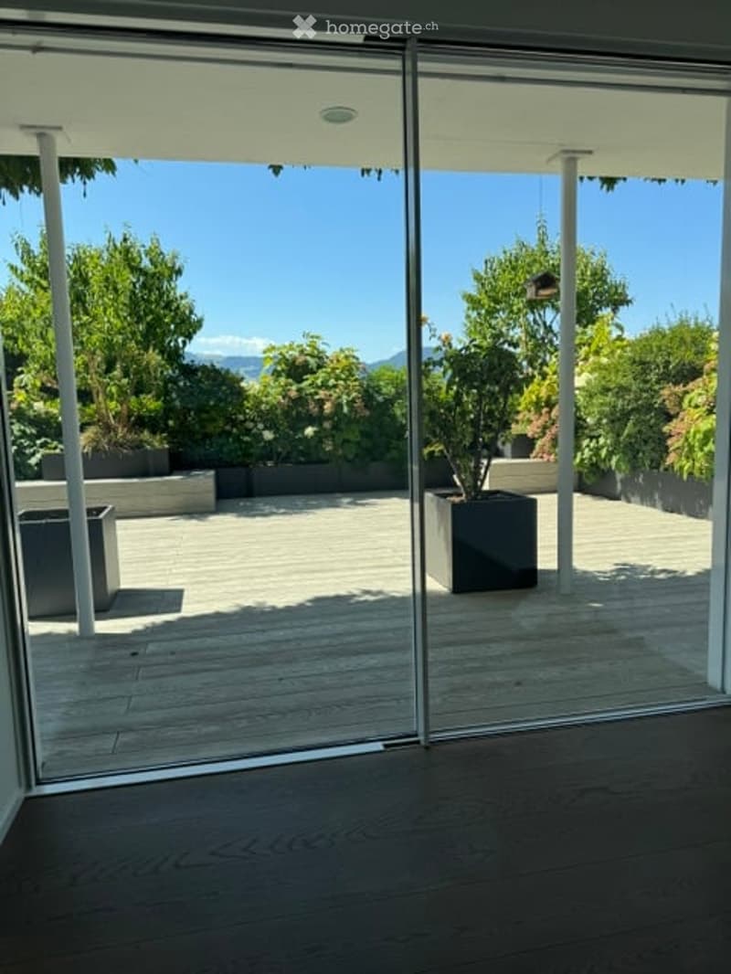 Modern balcony with large glass sliding doors, wooden decking, potted plants, and scenic mountain view.