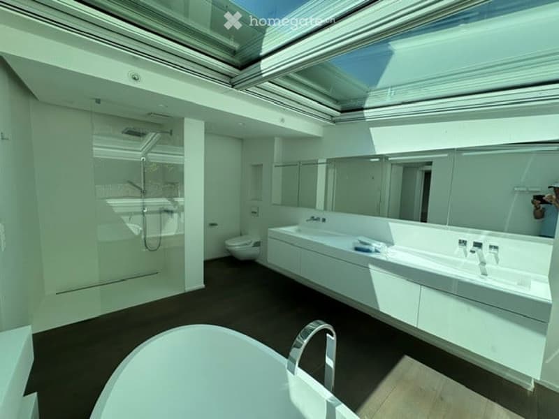 Modern bathroom with white fixtures, large mirrors, a bathtub, a sink, and a toilet. The space features a glass-enclosed shower and a skylight providing natural light.