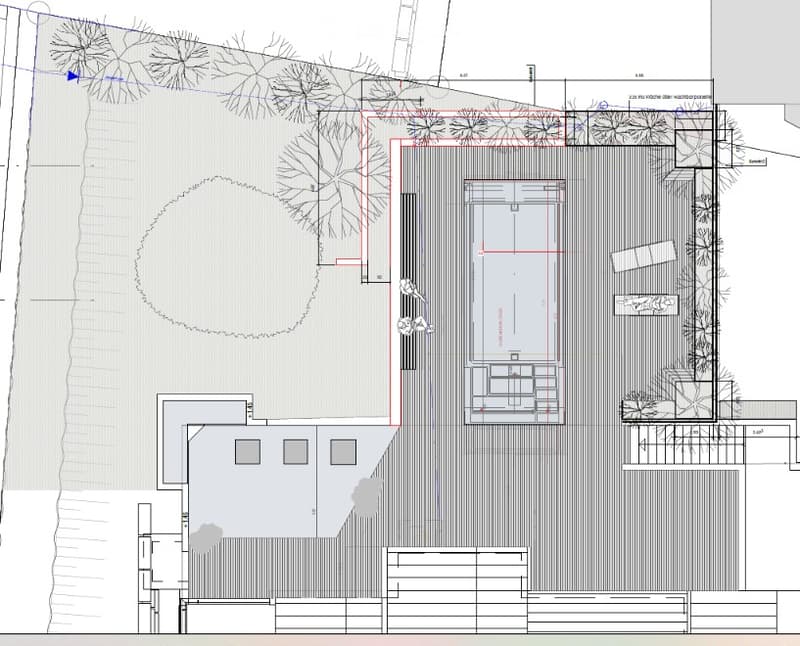 Floor plan of a residential property showing a swimming pool, garden area, and building layout with labeled dimensions.