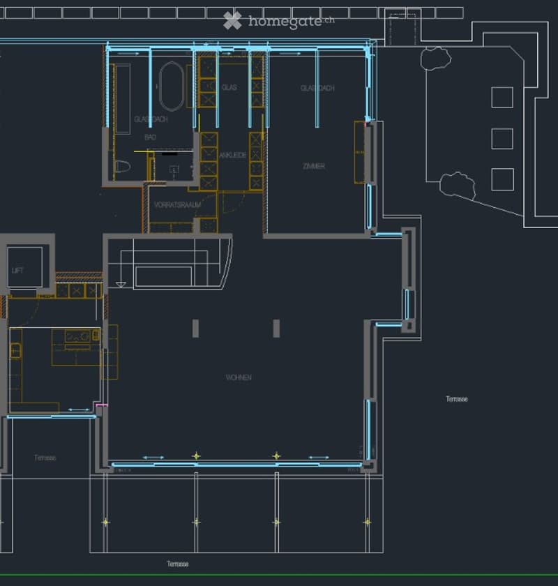 Floor plan of a multi-level building with labeled rooms including a kitchen, living room, bedrooms, bathrooms, and terraces.
