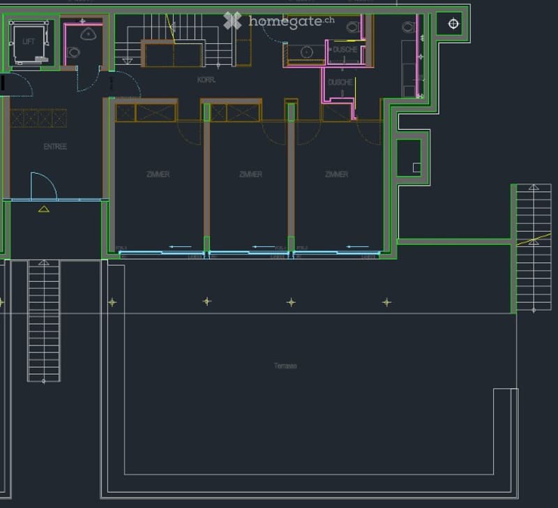 Floor plan showing a multi-level layout with rooms labeled in German: entrance, bedrooms, bathrooms, and a terrace area.