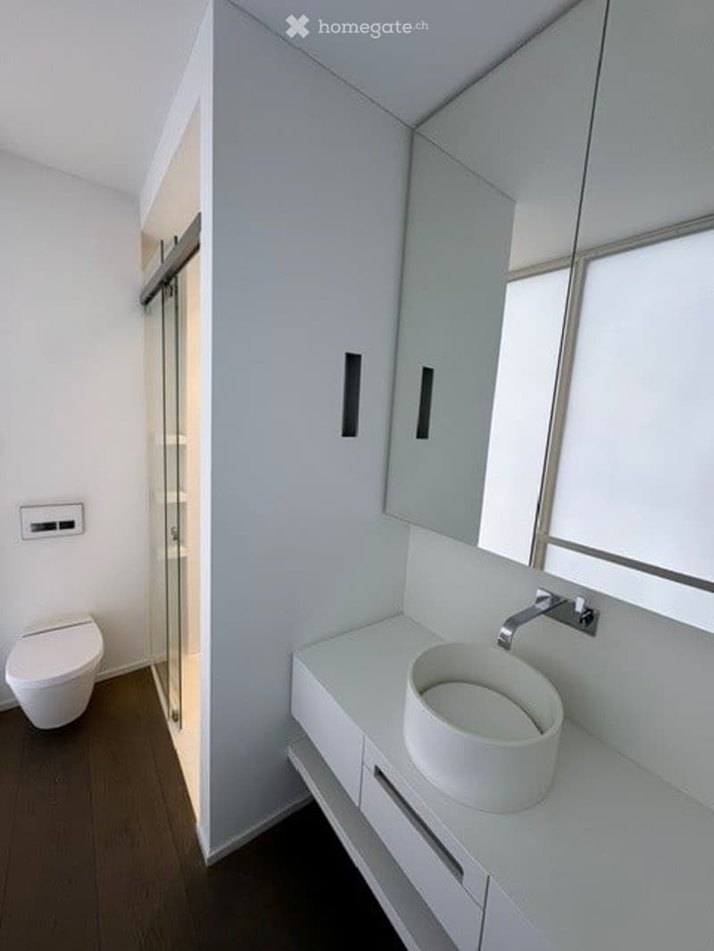 Modern bathroom with white walls, a white sink, a toilet, and a large mirror above the sink. The floor is dark wood, and there is a glass shower enclosure visible in the background.