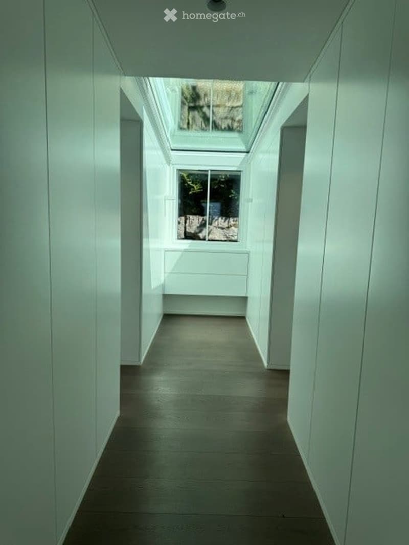 A modern, minimalist hallway with white walls, a dark polished floor, and a skylight at the far end. The space is empty, with no visible furniture or decorations.