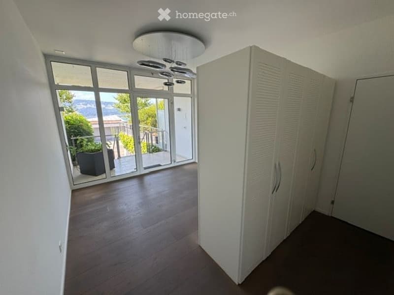 Empty room with wooden flooring, large glass sliding doors leading to a balcony with a scenic view, white built-in wardrobes, and a modern ceiling light fixture.