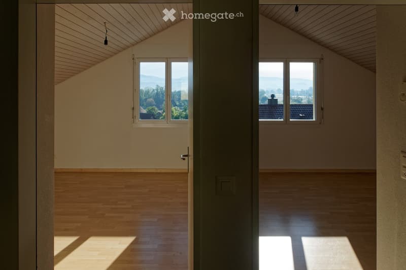Bright, empty room with wooden flooring and large windows offering a scenic view. The space features a sloped wooden ceiling and natural light flooding the area.