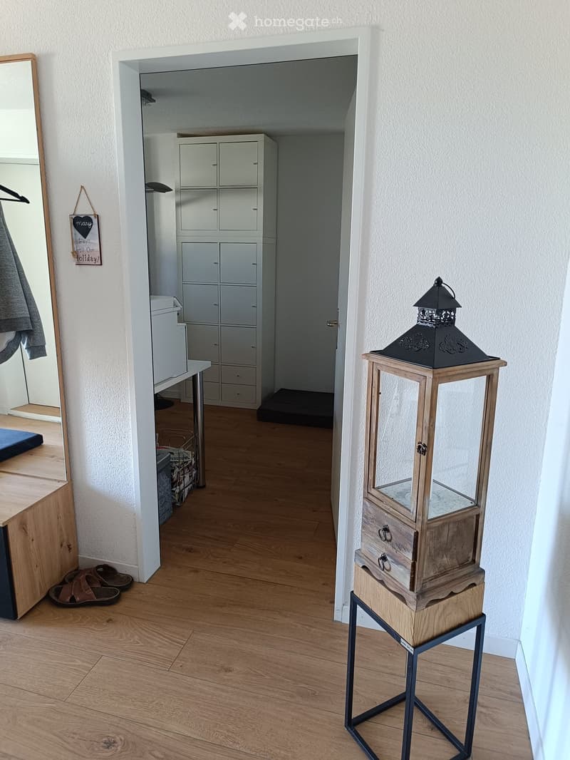 A clean, well-lit hallway with wooden flooring, white walls, and a small table with a lamp. A wooden lantern is placed on a stand, and a closet with multiple drawers is visible in the background.