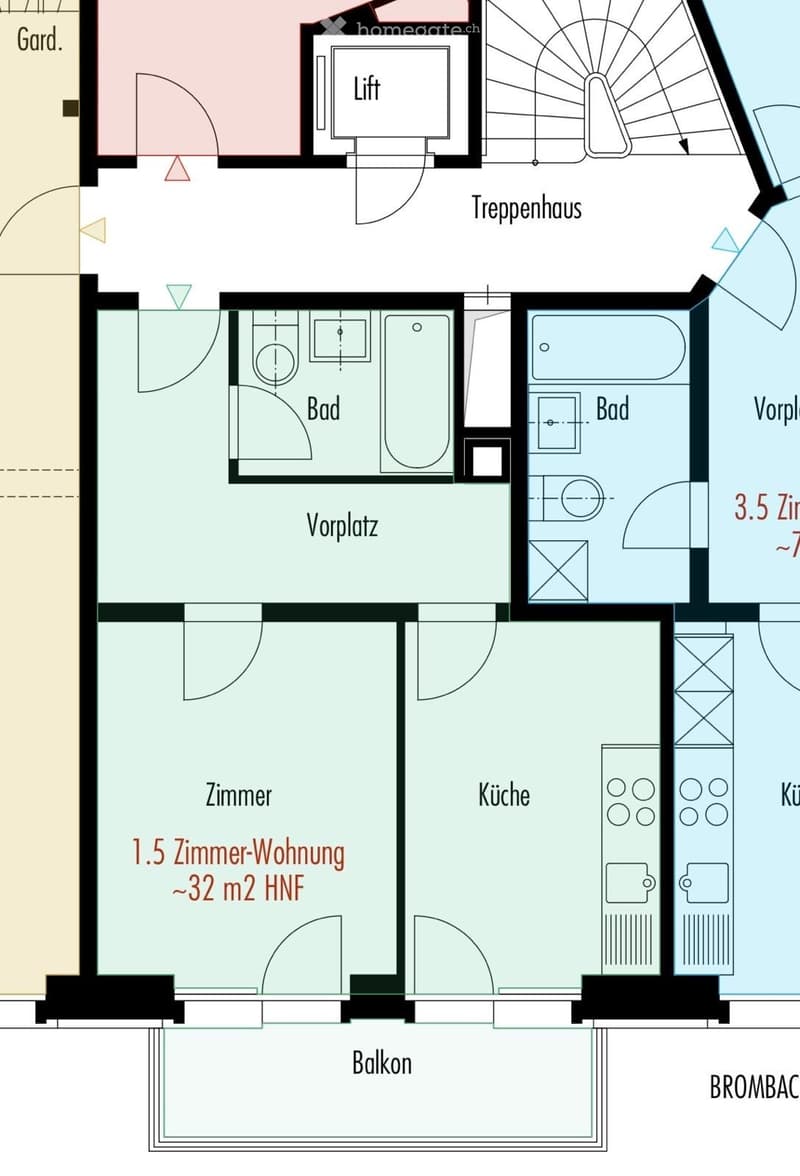 Floor plan of a 1.5-room apartment with a kitchen, two bathrooms, hallway, and balcony.