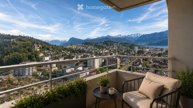 Balcony with a scenic mountain view, featuring a chair, small table, cup, and potted plants.