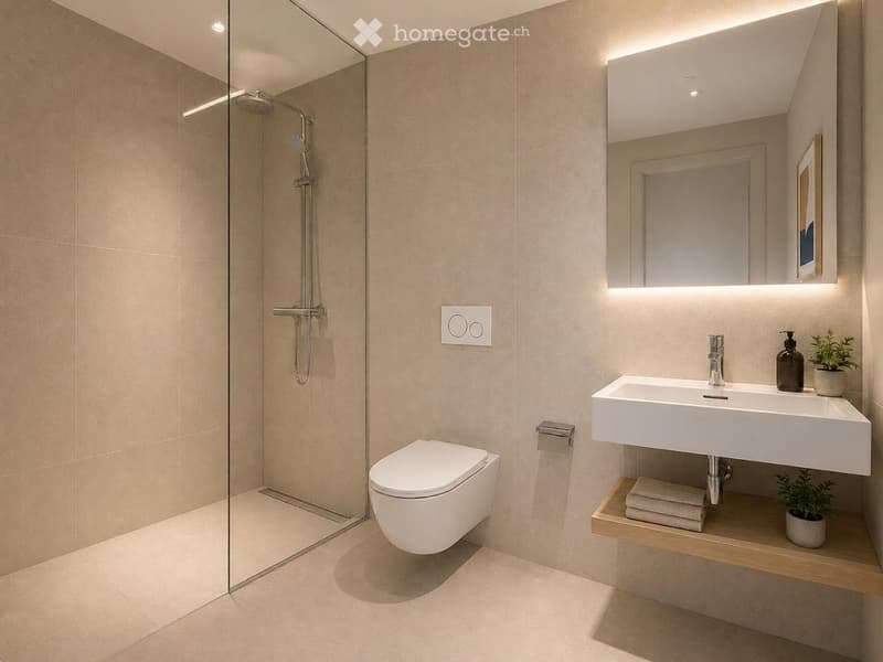 Modern bathroom with a white toilet, sink, and glass-enclosed shower. Features a large mirror with built-in lighting, a sleek faucet, and a small potted plant on a wooden shelf.