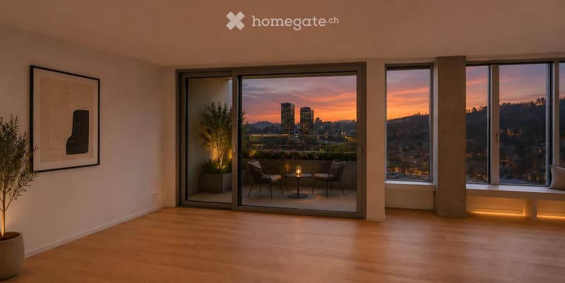 Modern living space with large windows and sliding glass doors opening to a balcony. Features a potted plant, a framed picture on the wall, and a small seating area on the balcony with two chairs and a table.