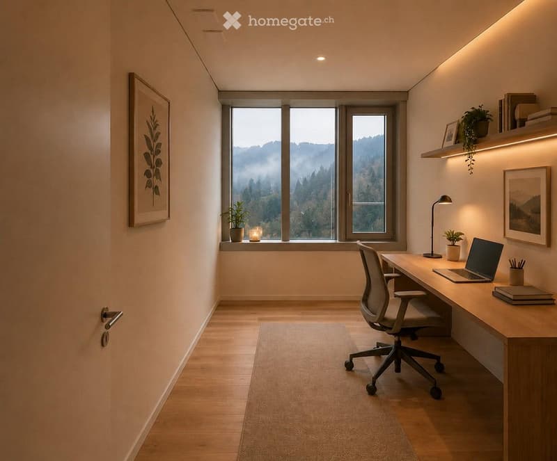 Modern, well-lit home office with large windows offering a scenic view, a wooden desk, ergonomic chair, laptop, books, potted plants, and framed artwork.