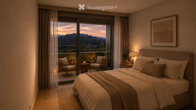 Modern bedroom with a large bed, nightstand, lamp, two chairs, small table, and a scenic mountain view through large windows.