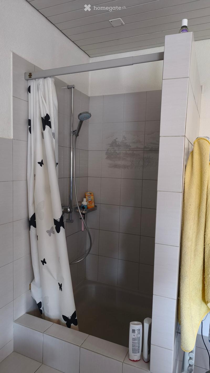 Modern shower area with grey tiles, a white shower curtain with butterfly designs, a showerhead, a towel, and a bottle on the floor.