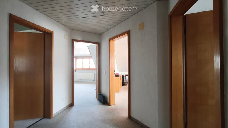 Empty hallway with multiple open wooden doors leading to rooms, carpeted floor, and white walls.