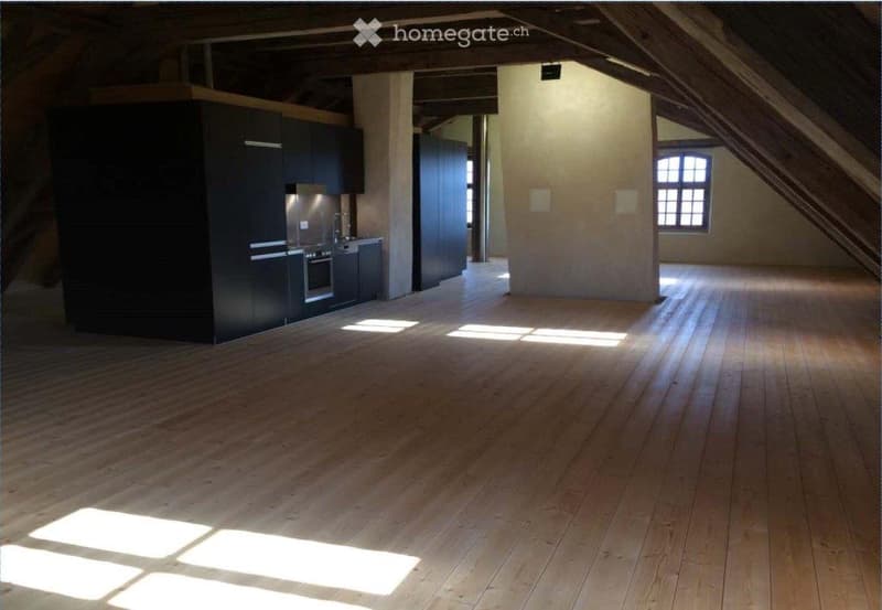 Open-plan attic space with exposed wooden beams, light wooden flooring, and modern kitchen area featuring dark cabinets and stainless steel appliances.