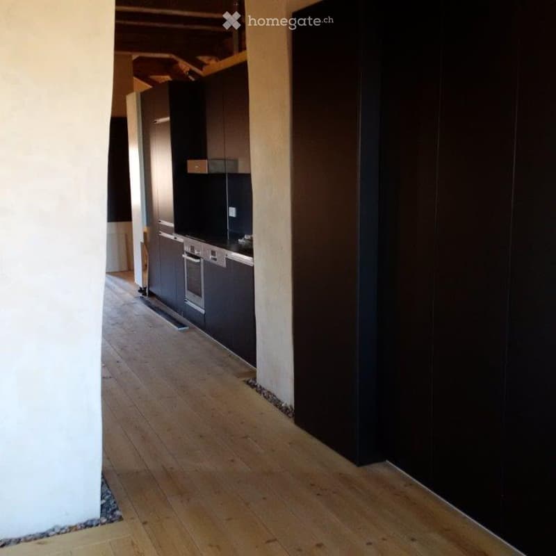 Modern kitchen with dark wooden cabinets, stainless steel appliances, and light wooden flooring.