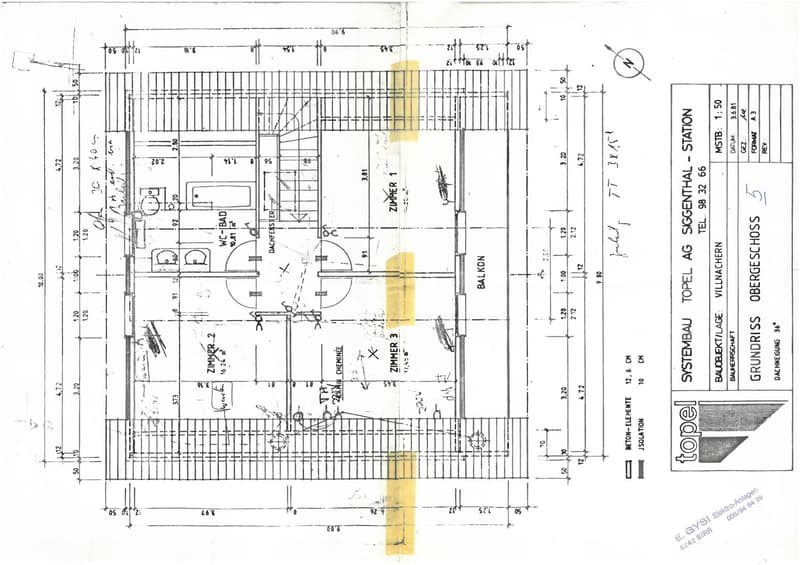 Floor plan showing three rooms, a bathroom, and a balcony. Includes labeled dimensions and room names: Zimmer 1, Zimmer 2, Zimmer 3, WC-Bad, Dachfenster.