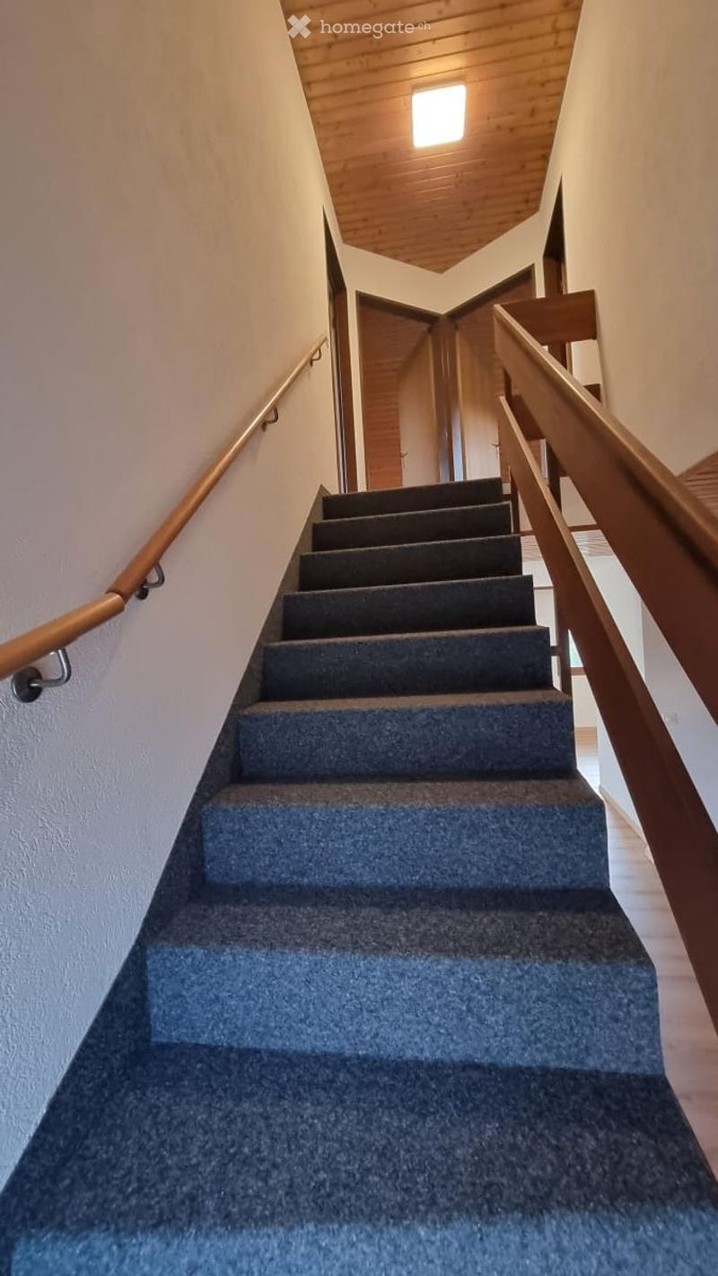 Carpeted staircase with wooden railings and a warm, inviting atmosphere. The staircase leads upwards with a wooden handrail on one side and a metal handrail on the other. The walls are painted white, and the ceiling is wooden with a central light fixture.