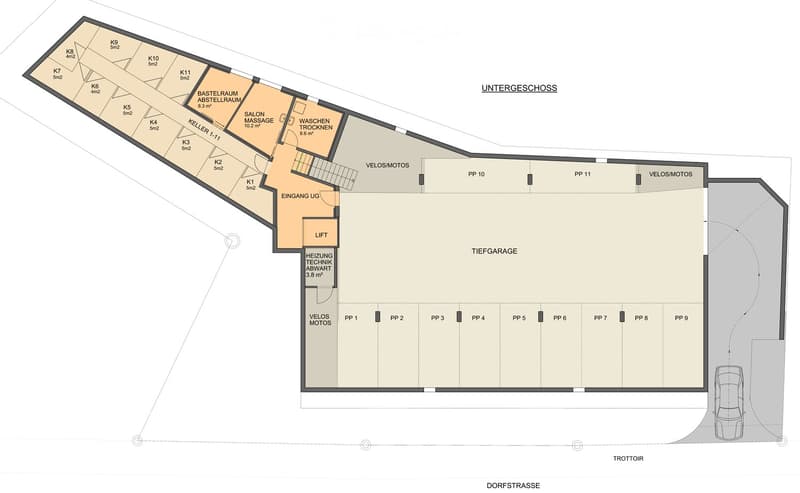 Floor plan of a basement level showing various rooms including a storage room, salon, massage area, and a deep garage with parking spaces.