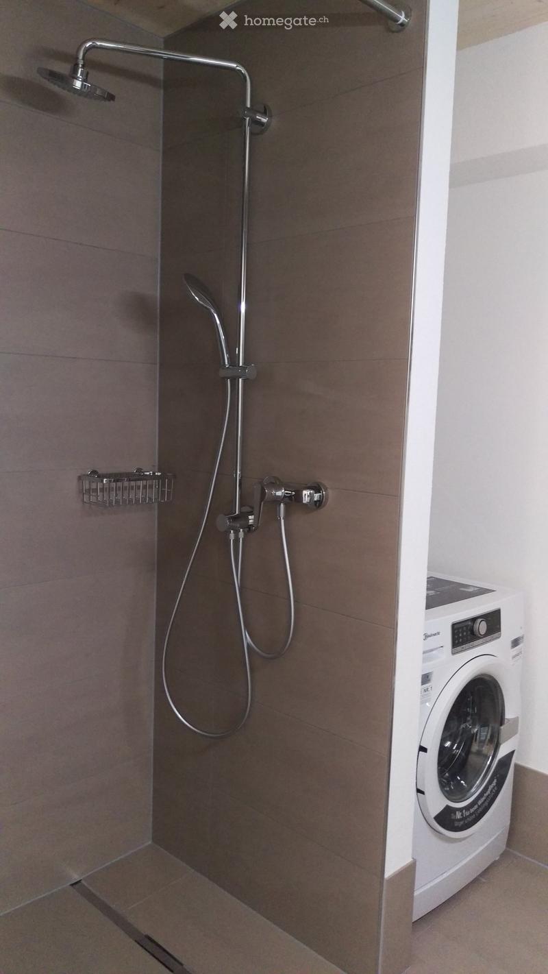 small bathroom with shower and a washing machine