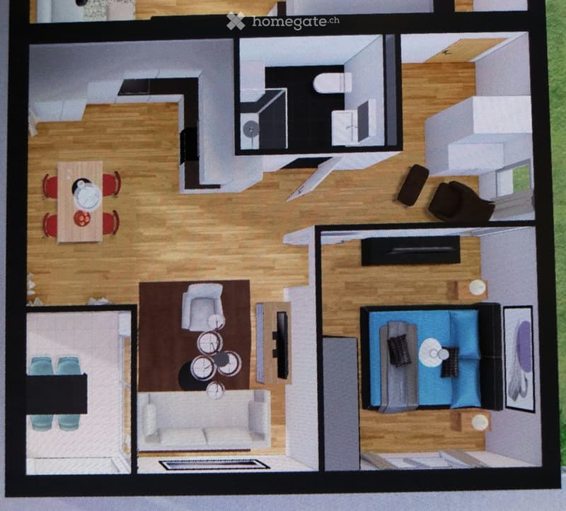 Living room with sofa, kitchen with dining table, bedroom, bathroom, utility