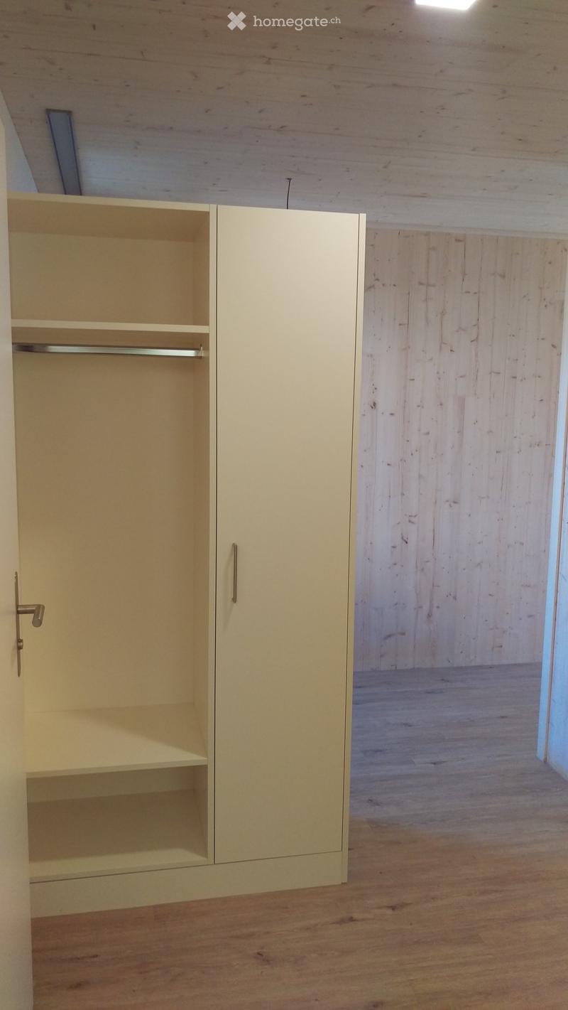 Empty room with wooden floors, wooden paneling, white wardrobe, door, and built-in closet with a shelf and rod