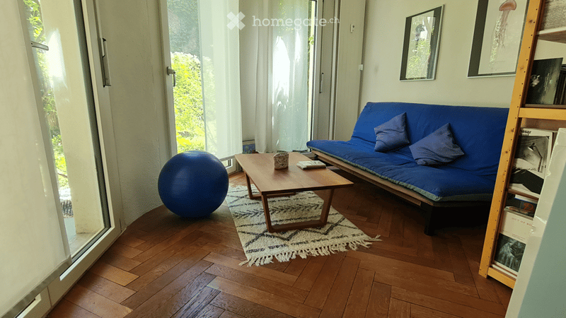 Bright living room with wooden flooring, large windows, blue futon sofa, wooden coffee table, blue exercise ball, and bookshelf.