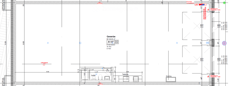 Floor plan of a commercial space with labeled areas including a kitchen, washroom, and garage entrance.