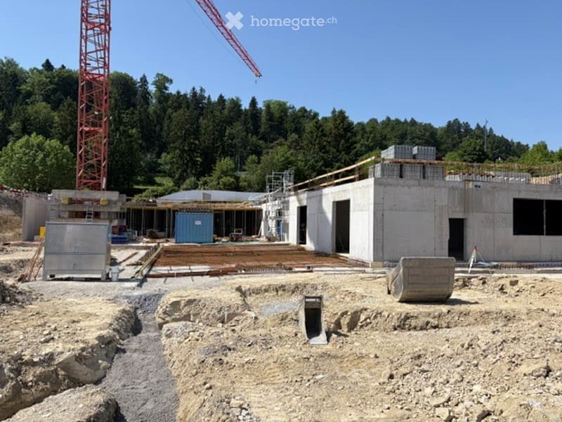 Construction site with a partially built concrete building, surrounded by greenery and a red crane in the background.