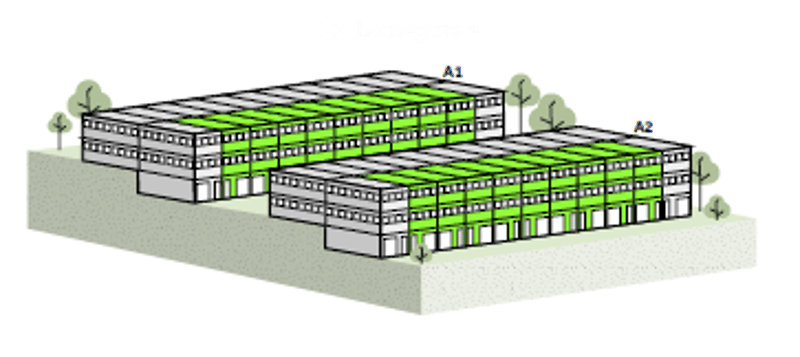 A multi-building complex with a raised ground floor, featuring two main structures connected by a walkway, surrounded by small trees.