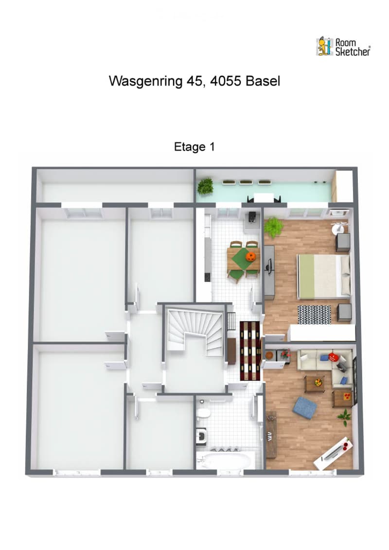 Floor plan of a 3-bedroom apartment with open-plan living and dining area, kitchen, and balcony.