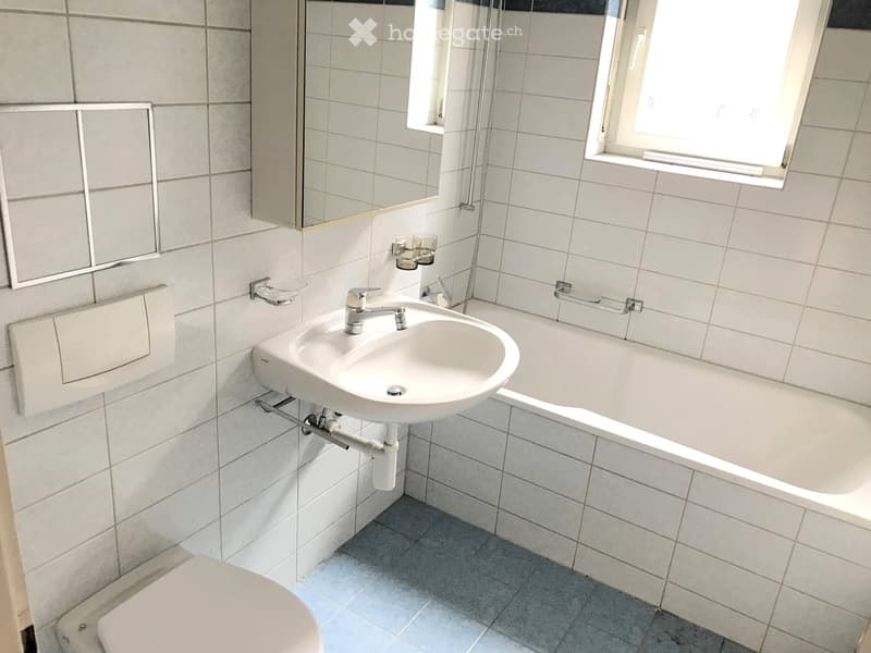Modern bathroom with white tiles, a sink, bathtub, toilet, and a large mirror above the sink. The room has two windows allowing natural light to enter.