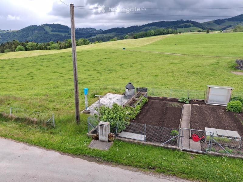 A small fenced garden area with raised beds, a greenhouse, and a watering can, surrounded by a grassy field and hills in the background.