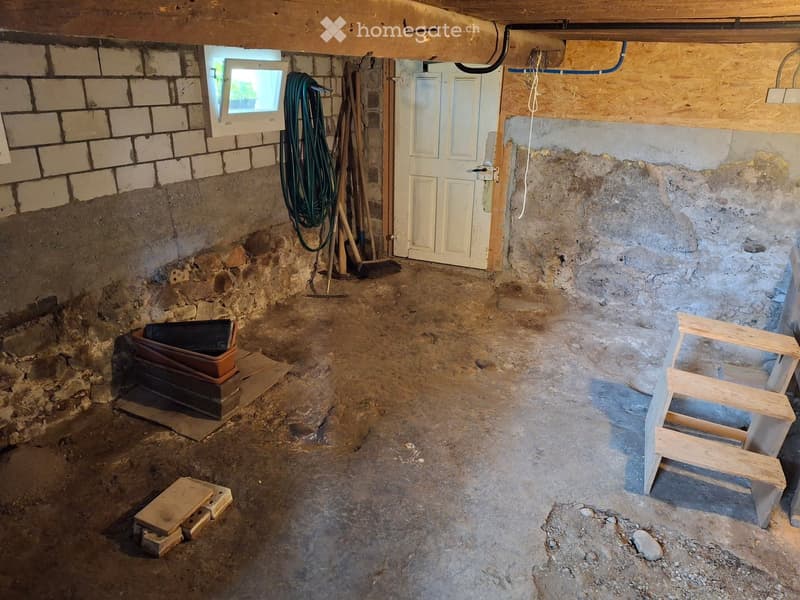 Unfurnished basement room with exposed brick walls, concrete floor, wooden beams, and a small window. Contains a coiled hose, brooms, and a wooden ladder.