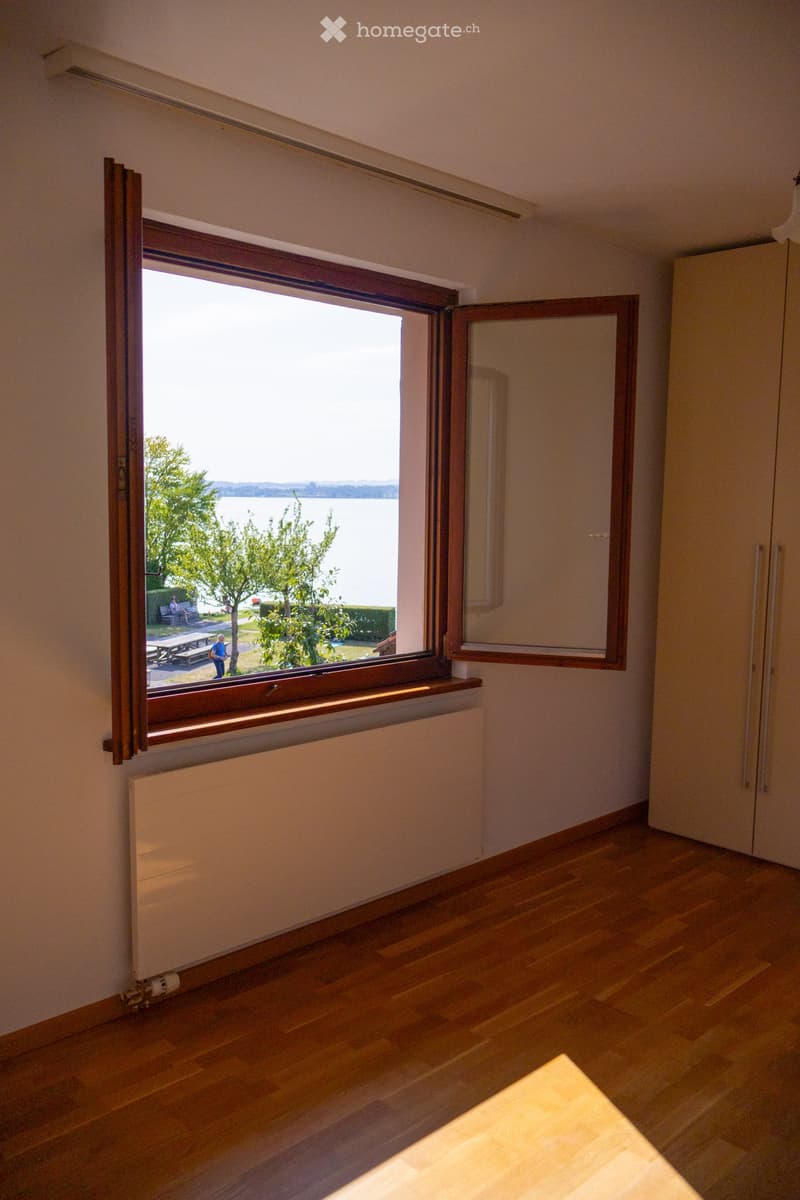 Empty room with wooden flooring, large window offering a view of a lake and park, radiator under the window, and a closed white cabinet.